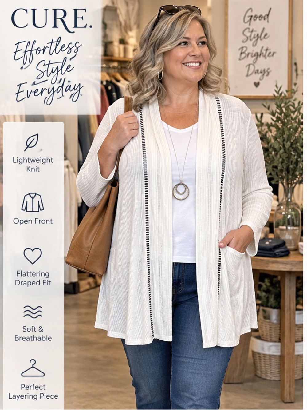 CURE. Women's Open-Front Lightweight Knit Cardigan - White